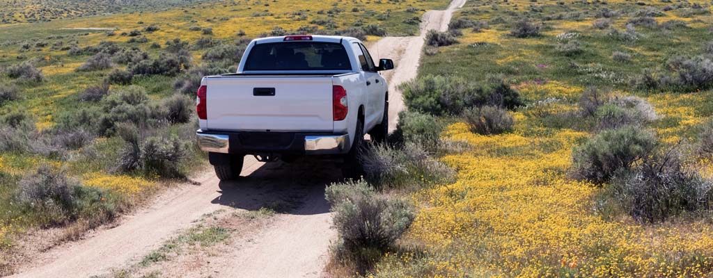 White pickup driving down a dirt road with off road tires