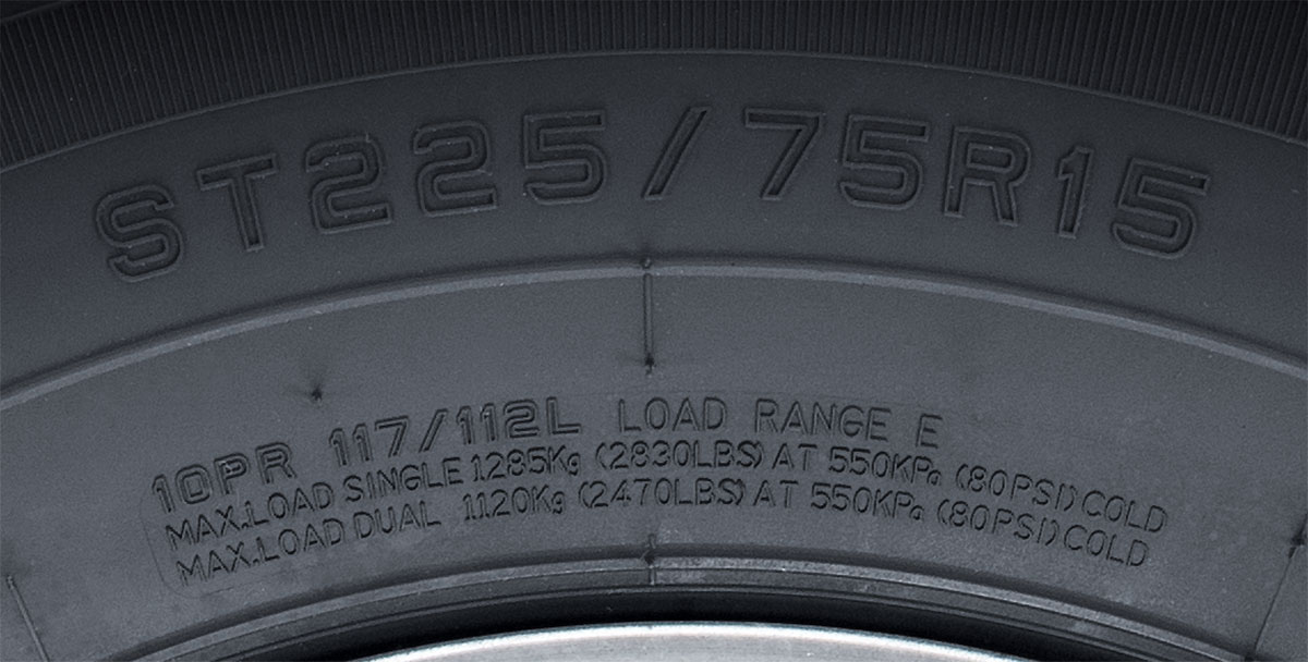 Trailer tire sidewall showing the right tire pressure