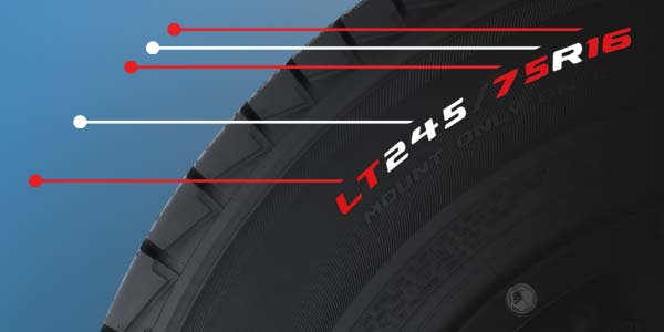 A tire sidewall with the parts of the size called out.