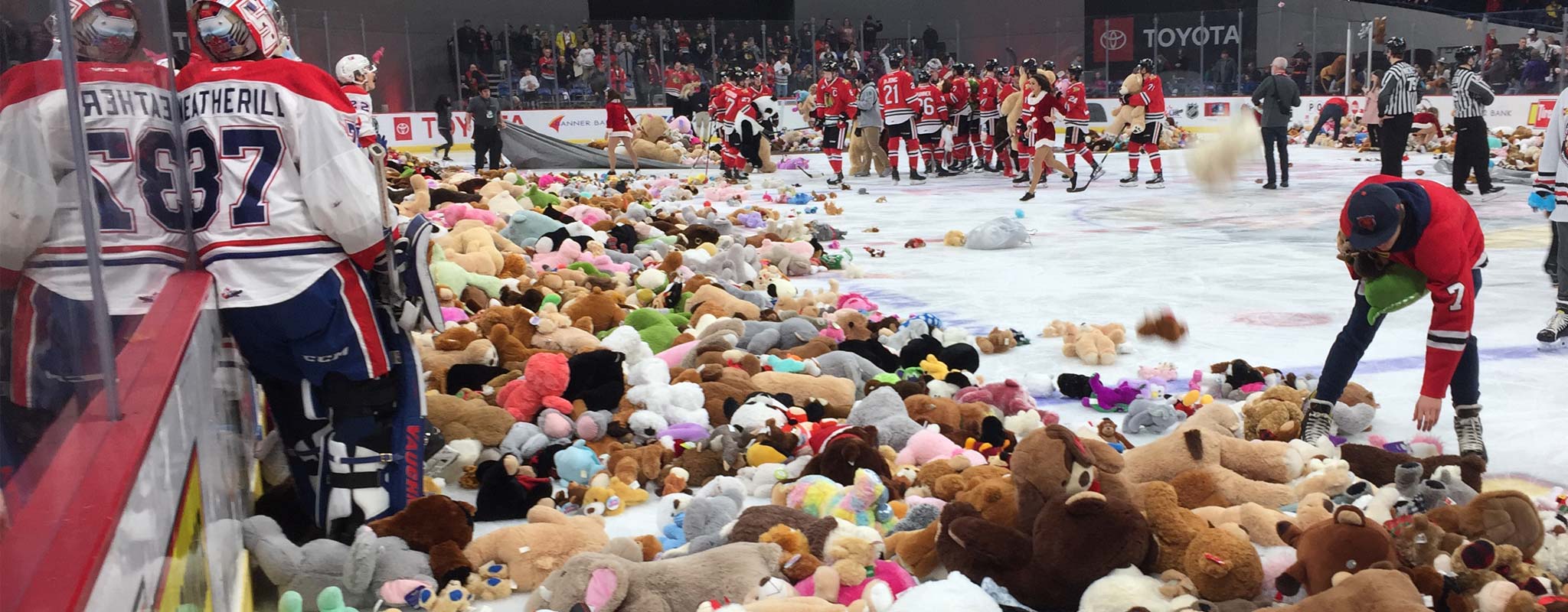 Ice rink full of hockey players and teddy bears after a teddy bear toss event.