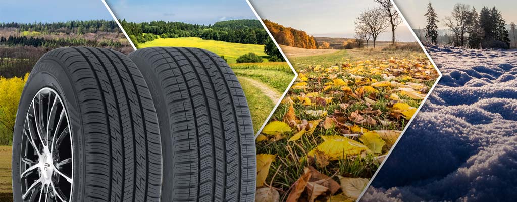 An all-season and an all-weather tire in front of the changing seasons