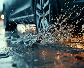 Tire splashing in a puddle of water