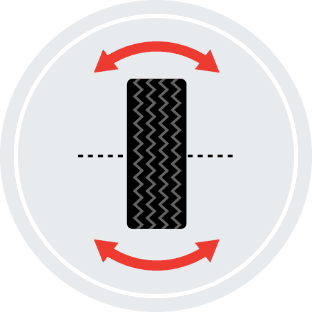 An illustration of a tire bracketed by curved double-sided arrows.