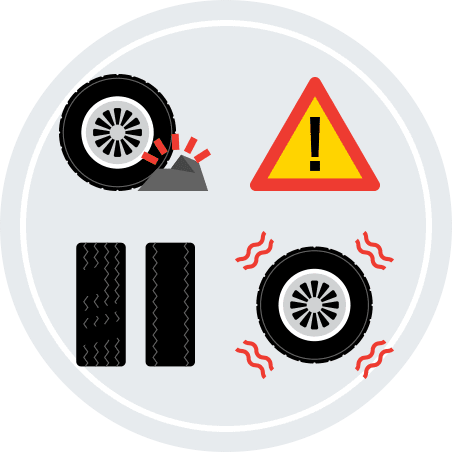 An illustration showing a tire hitting a rock along with a tire that's vibrating.